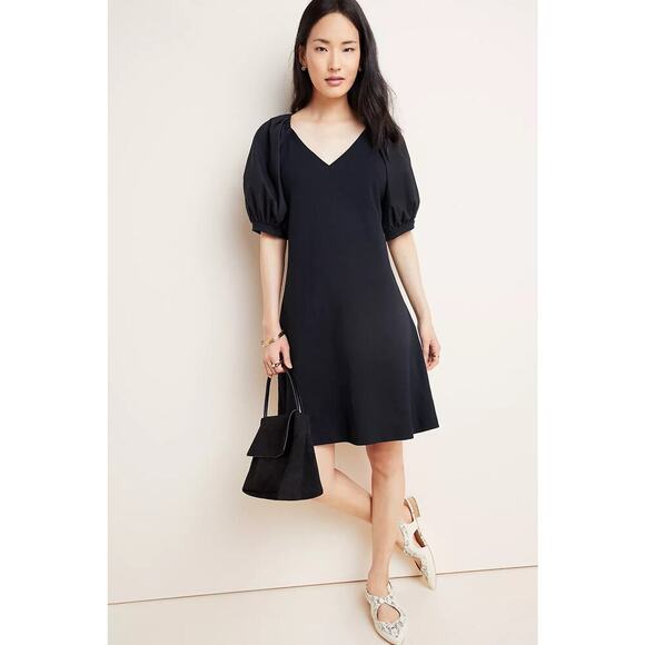 Anthropologie Maeve Women’s Annika Knit Dress Puff Sleeve V-Neck Black Sz S - Picture 1 of 8